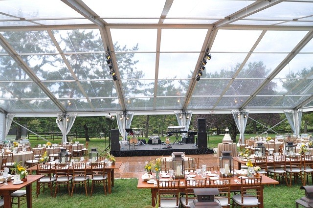 Clear Tent with Stage and Parquet Dance Floor