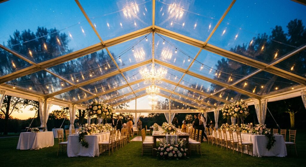 Evening wedding reception under a clear marquee with chandeliers, string lights, and long tables adorned with white floral centerpieces. 125 chars max safe for screen readers?